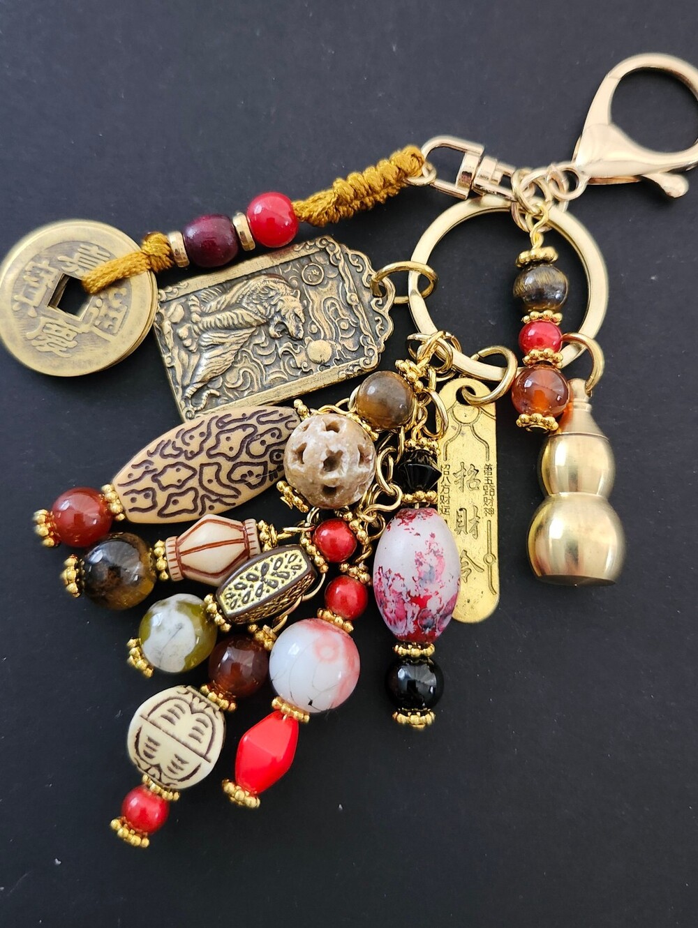 Asian Chinese-inspired Purse Charm or Keychain Carnelian Tigers Eye Handcrafted
